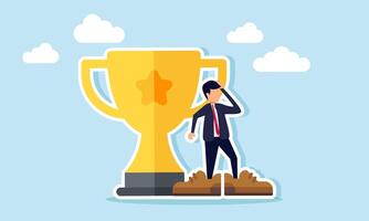 A businessman with oversized shoes stands next to a trophy, illustration of discomfort in the effort to become the best in his field vector