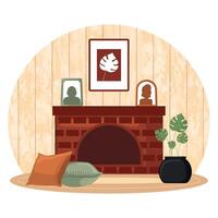 Fireplace mantle with decor and cozy pillows, vector