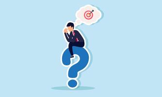 A businessman sits on a question mark, puzzled about the target board, illustration of confusion in strategizing to meet business goals vector