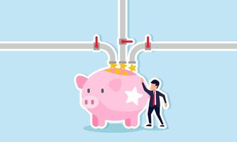 A businessman is filling a piggy bank labeled with a star using several pipes, illustration of the collection of ratings to serve as quality references for consumers vector