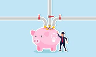 A businessman is filling a piggy bank labeled with a light bulb using several pipes, illustration of the collection of ideas and innovations to grow the business vector