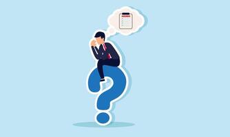 A businessman sits on a question mark, confused about the agenda, illustration of the challenges of managing a business project schedule vector