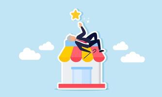An elderly businessman lies on top of a store, reaching for a star, illustration of the enjoyment of success from hard work in building a marketplace vector