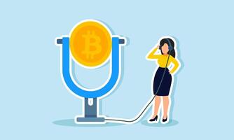 A businesswoman is live streaming using a bitcoin microphone, illustration of the promotion or talk show about bitcoin vector