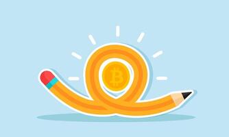 A pencil is circling a bitcoin, illustration of the planning and analysis of bitcoin trading strategies vector