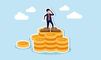 A businessman with oversized shoes stands on a pile of dollar coins, illustration of discomfort in the effort to gather substantial assets vector