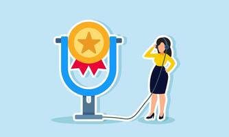 A businesswoman is live streaming using an award medal microphone, illustration of a talk show about the journey of success in business vector