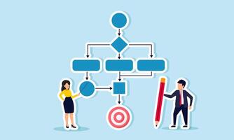 A businessman with a pencil and another with a stick are by a flowchart and a target board, illustration of strategic planning to achieve business goals vector