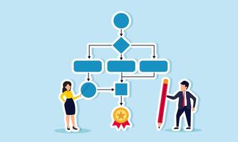 A businessman with a pencil and another with a stick are near a flowchart and an award medal, illustration of strategic planning for business success vector