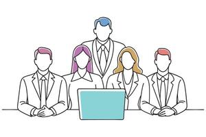 Business people standing together in a modern office setting, showcasing collaboration and professionalism isolated continuous line art flat illustration on white background vector