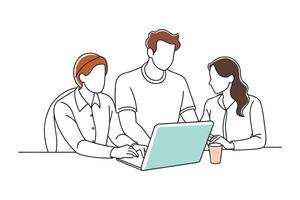 A trio of people gathered around a table, collaborating with a laptop and documents in front of them isolated continuous line art flat illustration on white background vector