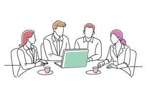A team of individuals seated at a table in an office, isolated continuous line art flat illustration on white background vector