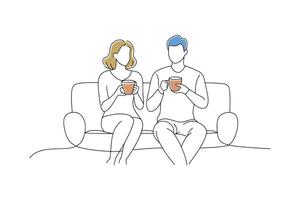 Couple on a couch, enjoying coffee and tea together in a cozy setting isolated continuous line art flat illustration on white background vector