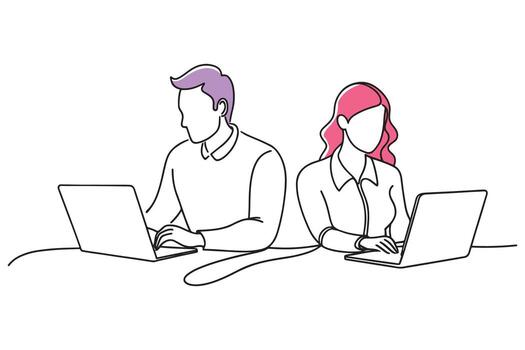 Man and woman engaged in work on a laptop within an office environment isolated continuous line art flat illustration on white background. vector