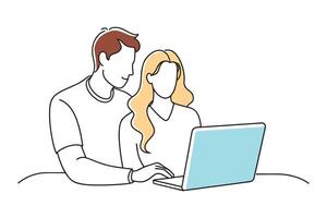 Couple reviews a document together on a laptop, focused and engaged in their discussion isolated continuous line art flat illustration on white background.. vector