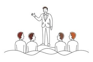 Man presenting to an audience, illustrating engagement and communication in a professional setting isolated continuous line art flat illustration on white background. vector