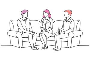 Man and woman seated on a couch with a therapist, engaged in a counseling session isolated continuous line art flat illustration on white background vector