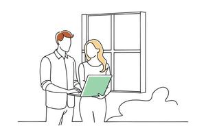 Man and woman standing by a window, engaged with a laptop in front of them isolated continuous line art flat illustration on white background. vector