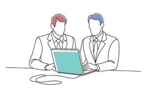 Two men in business attire engaged in a laptop discussion isolated continuous lin vector