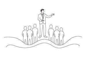 Man presenting to an audience, illustrating engagement and communication. isolated continuous line art flat illustration on white background vector