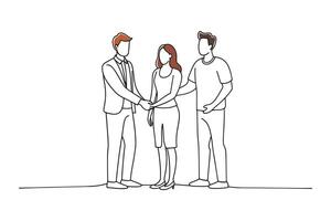 Three people engaged in a handshake within an unoccupied room, representing partnership and mutual understanding isolated continuous line art flat illustration on white background vector