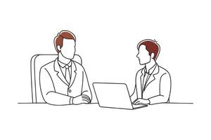 Doctor and patient in dialogue within a clinical office environment isolated continuous line art flat illustration on white background. vector