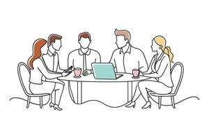 Several people collaborating and sharing ideas at a table in a professional meeting environment isolated continuous line art flat illustration on white background vector