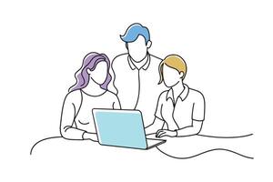 Group of individuals collaborating on a laptop, showcasing teamwork and creativity isolated continuous line art flat illustration on white background. vector