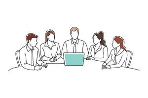 Diverse group of people collaborating in a conference room environment isolated continuous line art flat illustration on white background vector