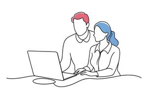 Man and woman collaborating on a laptop together, showcasing teamwork and creativityisolated continuous line art flat illustration on white background vector