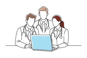 Doctors collaborating around a laptop, showcasing teamwork and technology in healthcareisolated continuous line art flat illustration on white background vector