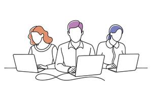 Group of individuals seated at a table, each engaged with their laptops isolated continuous line art flat illustration on white background. vector