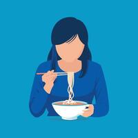 Cute girl using chopsticks eating instant ramen, noodles soup from a cup isolated flat illustration. vector