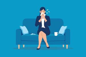 Business woman have a fever and use tissues paper sneezing Nose, she sit on sufa isolated flat illustration vector