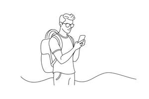man wearing glasses and a backpack is intently looking at his phone outdoors continuous line art flat illustration on white background vector