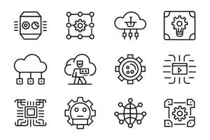 Machine learning, digital AI technology, algorithm, smart robotic and cloud computing related editable icon set isolated flat illustration white background. vector