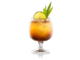 A glass dome enclosing a deconstructed Mai Tai its elements like a Polynesian fantasy isolated png