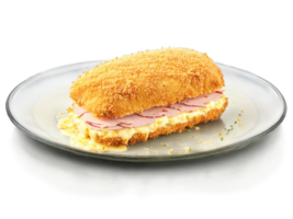 Chicken Cordon Bleu breaded chicken stuffed with ham and cheese served on a transparent glass png
