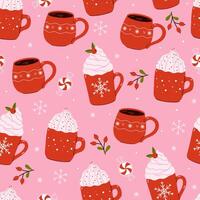Seamless Christmas pattern with red mugs with winter drinks. graphics. vector