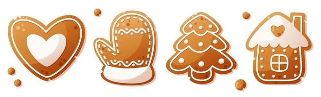 A large set of gingerbread cookies of different shapes. Gingerbread house, Christmas tree, mitten, heart. Christmas gingerbread, New Year cookies decorated with white icing. vector