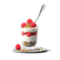Breakfast parfait with layers of vanilla yogurt granola and fresh raspberries topped with a drizzle png