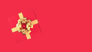 Top view of red gift box with gold ribbon and bow isolated on red background and copy space. Giving present, happy new year, christmas, valentine's day, birthday, shopping, concept. 3d render. photo