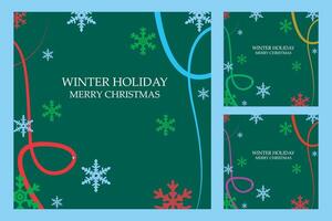 collection of square merry christmas greeting cards with snow and ribbons, various decorative lights and decorations with ribbon strings tied on the design. for design templates for Christmas vector