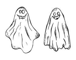 Halloween ghosts in hand drawn style on white background. Line art Sketch Cute Funny Ghost set for modern cards, posters, banners, social media, web, sales. Illustration elements. vector