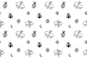Seamless doodle spring pattern. Outline blossom, butterfly, cloud, ladybug illustration background vector