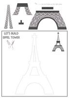 France cut and glue activity. Crafting game with cute Paris city sight. Fun printable worksheet for kids. Find the right piece of the puzzle. Complete the picture. Lets build Eiffel Tower vector