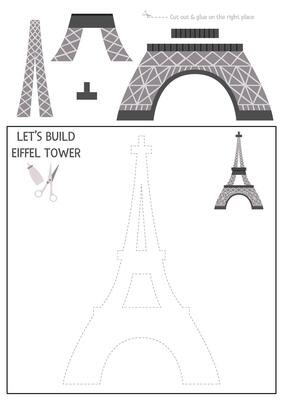France cut and glue activity. Crafting game with cute Paris city sight. Fun printable worksheet for kids. Find the right piece of the puzzle. Complete the picture. Lets build Eiffel Tower