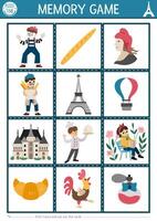 France memory game cards with cute traditional symbols. French matching activity. Remember, find correct card. Simple printable worksheet for kids with mime, baguette, Eiffel Tower vector