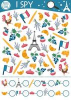 France I spy game for kids. Searching and counting activity with traditional symbols. French printable worksheet for preschool children. Simple spotting puzzle with Eiffel Tower, baguette, beret vector
