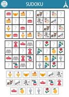 France sudoku puzzle for kids with pictures. Simple French quiz with cut and glue elements. Education activity or coloring page with macaroon, beret, dogs. Draw missing objects vector